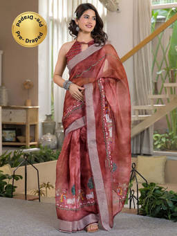 SATRANI - Maroon Printed Linen Ready To Wear Saree with Unstitched Blouse