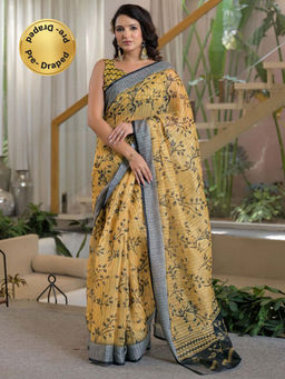 SATRANI - Light Mustard Printed Linen Ready To Wear Saree with Unstitched Blouse