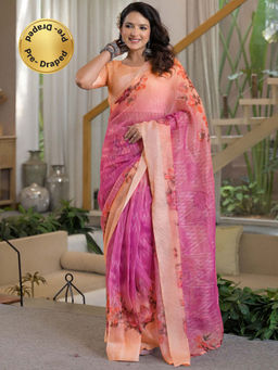 SATRANI - Floral Printed Linen Ready To Wear Saree with Unstitched Blouse