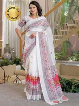 SATRANI - White Printed Linen Ready To Wear Saree with Unstitched Blouse