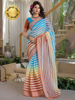 SATRANI - Stripes Printed Linen Ready To Wear Saree with Unstitched Blouse