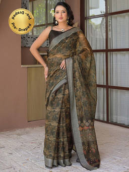 SATRANI - Olive Floral Printed Linen Ready To Wear Saree with Unstitched Blouse