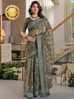 SATRANI - Olive Paisley Printed Linen Ready To Wear Saree with Unstitched Blouse