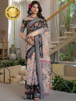 SATRANI - Beige Floral Printed Linen Ready To Wear Saree with Unstitched Blouse
