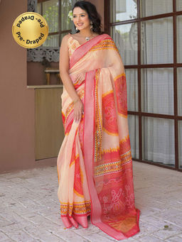 SATRANI - Peach Bandhani Printed Linen Ready To Wear Saree with Unstitched Blouse