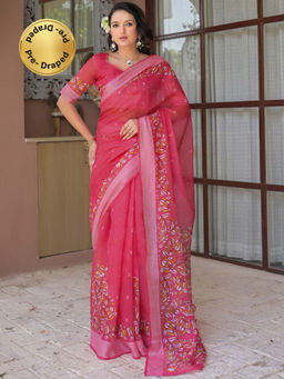 SATRANI - Dark Pink Floral Printed Linen Ready To Wear Saree with Unstitched Blouse