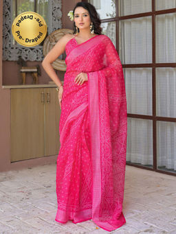 SATRANI - Pink Bandhani Printed Linen Ready To Wear Saree with Unstitched Blouse