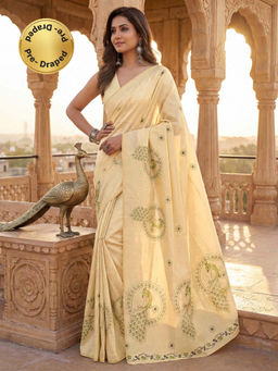 SATRANI - Beige Printed Chanderi Cotton Ready To Wear Saree with Unstitched Blouse