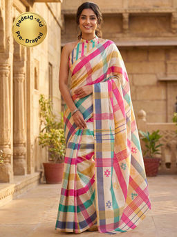SATRANI - Beige Checks Stripes Printed Ready To Wear Saree with Unstitched Blouse