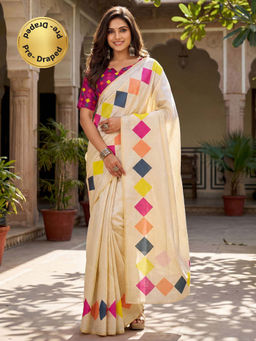 SATRANI - Beige Printed Chanderi Cotton Ready To Wear Saree with Unstitched Blouse