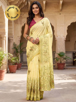 SATRANI - Light Yellow Printed Chanderi Cotton Ready To Wear Saree with Unstitched Blouse