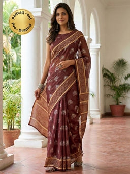 SATRANI - Coffee Brown Printed Chanderi Cotton Ready To Wear Saree with Unstitched Blouse