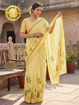 SATRANI - Yellow Printed Chanderi Cotton Ready To Wear Saree with Unstitched Blouse