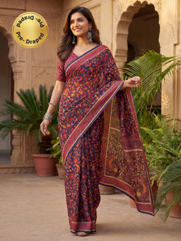 SATRANI - Navy Blue Floral Printed Chanderi Cotton Ready To Wear Saree with Unstitched Blouse