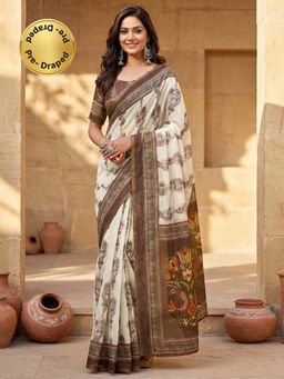 SATRANI - Off-White Printed Chanderi Cotton Ready To Wear Saree with Unstitched Blouse