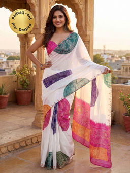 SATRANI - White Bandhani Printed Chanderi Cotton Ready To Wear Saree with Unstitched Blouse