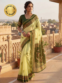 SATRANI - Lemon Yellow Printed Chanderi Cotton Ready To Wear Saree with Unstitched Blouse