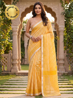 SATRANI - Yellow Checks Printed Chanderi Cotton Ready To Wear Saree with Unstitched Blouse
