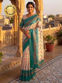 SATRANI - Beige Printed Silk Ready To Wear Saree with Unstitched Blouse