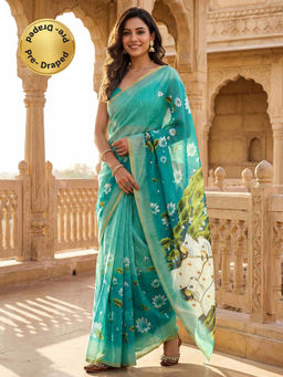 SATRANI - Turquoise Printed Linen Ready To Wear Saree with Unstitched Blouse