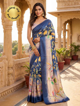 SATRANI - Navy Blue Floral Printed Silk Ready To Wear Saree with Unstitched Blouse