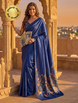 SATRANI - Navy Blue Printed Silk Ready To Wear Saree with Unstitched Blouse