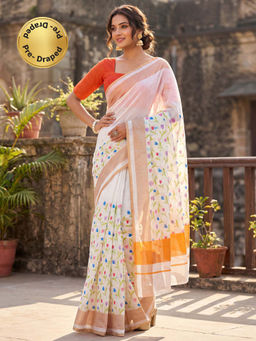 SATRANI - Off-White Floral Printed Linen Ready To Wear Saree with Unstitched Blouse