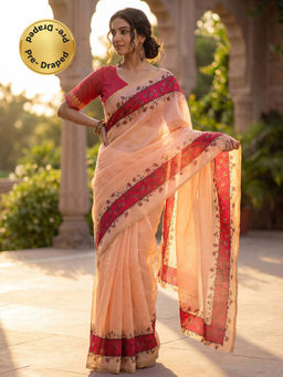 SATRANI - Peach Floral Printed Linen Ready To Wear Saree with Unstitched Blouse
