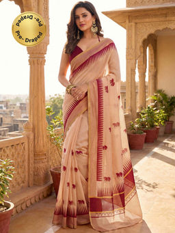 SATRANI - Peach Printed Linen Ready To Wear Saree with Unstitched Blouse