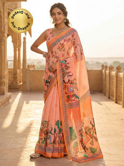 SATRANI - Dark Peach Printed Linen Ready To Wear Saree with Unstitched Blouse