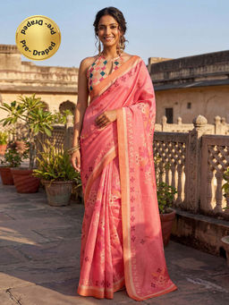 SATRANI - Pink Floral Printed Silk Ready To Wear Saree with Unstitched Blouse