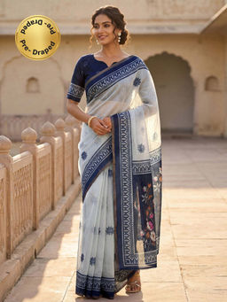 SATRANI - White Floral Printed Linen Ready To Wear Saree with Unstitched Blouse