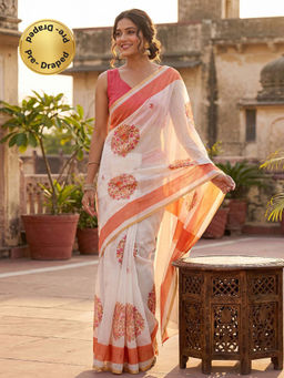 SATRANI - White Floral Printed Linen Ready To Wear Saree with Unstitched Blouse
