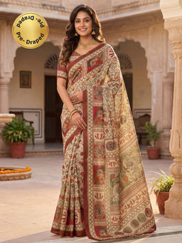 SATRANI - Beige Floral Printed Linen Ready To Wear Saree with Unstitched Blouse