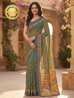 SATRANI - Turquoise Floral Printed Linen Ready To Wear Saree with Unstitched Blouse