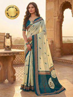 SATRANI - Cream Printed Linen Ready To Wear Saree with Unstitched Blouse