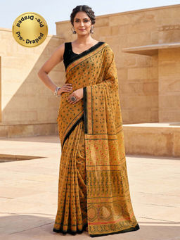 SATRANI - Mustard Floral Printed Linen Ready To Wear Saree with Unstitched Blouse
