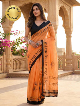 SATRANI - Orange Typography Linen Ready To Wear Saree with Unstitched Blouse