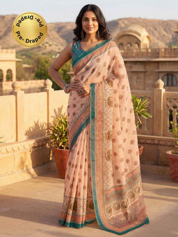 SATRANI - Peach Floral Printed Linen Ready To Wear Saree with Unstitched Blouse