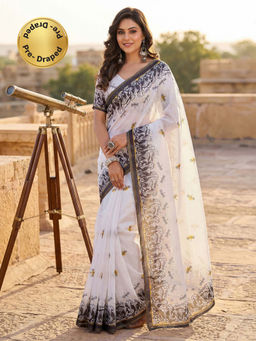 SATRANI - White Printed Linen Ready To Wear Saree with Unstitched Blouse