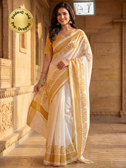 SATRANI - White Floral Printed Linen Ready To Wear Saree with Unstitched Blouse