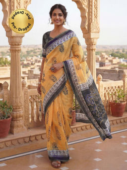 SATRANI - Yellow Floral Printed Linen Ready To Wear Saree with Unstitched Blouse