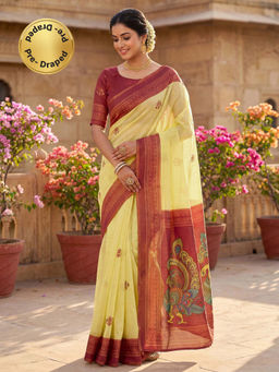SATRANI - Lemon Yellow Floral Printed Linen Ready To Wear Saree with Unstitched Blouse