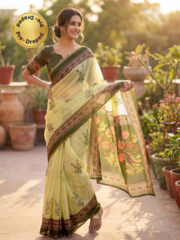 SATRANI - Light Yellow Floral Printed Linen Ready To Wear Saree with Unstitched Blouse
