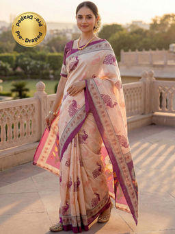 SATRANI - Dark Beige Printed Banglori Silk Ready To Wear Saree with Unstitched Blouse