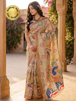 SATRANI - Beige Printed Banglori Silk Ready To Wear Saree with Unstitched Blouse