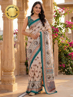 SATRANI - Beige Floral Printed Banglori Silk Ready To Wear Saree with Unstitched Blouse