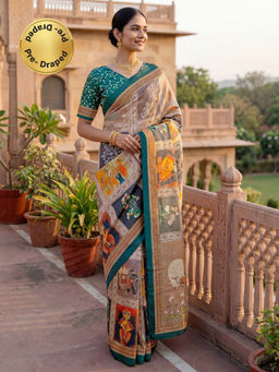 SATRANI - Beige Printed Banglori Silk Ready To Wear Saree with Unstitched Blouse