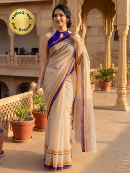 SATRANI - Off-White Printed Linen Ready To Wear Saree with Unstitched Blouse