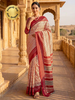 SATRANI - Off-White Printed Banglori Silk Ready To Wear Saree with Unstitched Blouse
